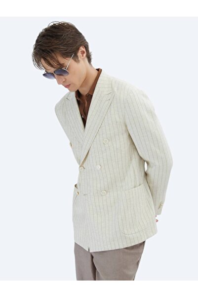 Kip Μπεζ ριγέ μοντέρνο μπουφάν από λινό μείγμα