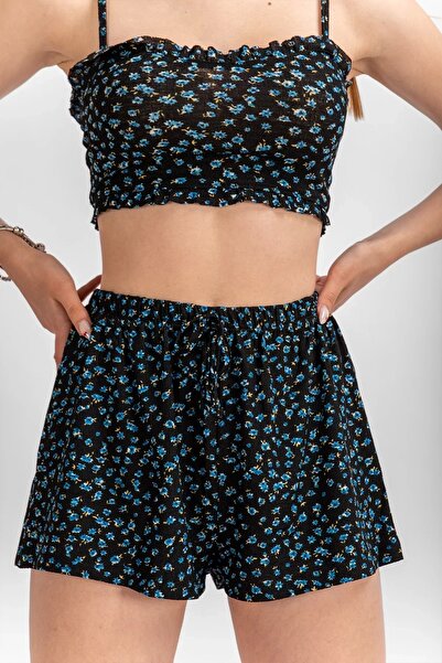 Bak Moda Thin Strap Floral Patterned Black Crop Shorts Set