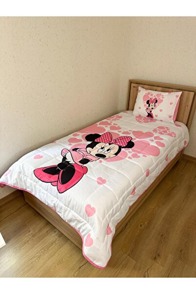 adenkahome Minnie Mouse Desenli, Kapitone Dikişli Tek Kişilik Yatak Örtüsü Seti 160x220 cm + Yastık Kılıfı