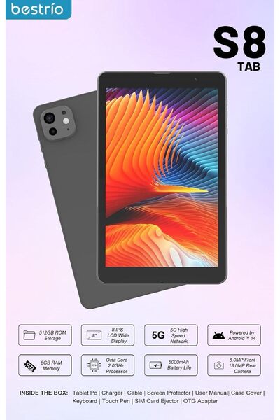 Bestrio S8 Tablet, 8-inch IPS Display, 8GB RAM, 512GB ROM, 5G Network, Android 14, 5000mAh Battery