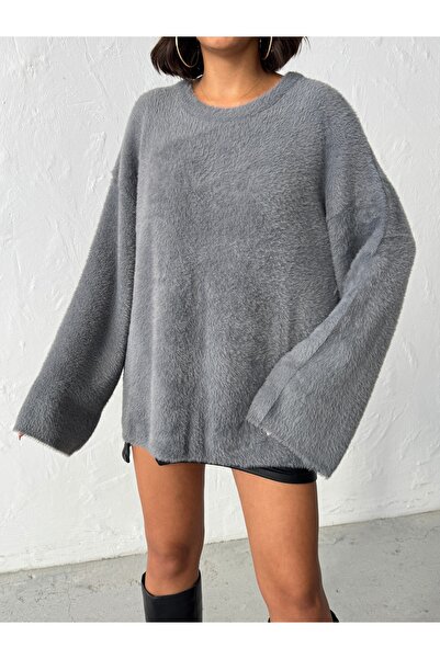 BEJNA Women's Gray Crew Neck Oversize Soft Knit Sweater