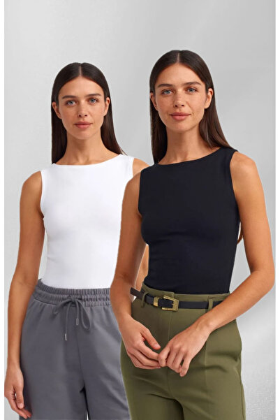 mısstresa boutıque رقبة قارب 2 قطعة بدون أكمام أسود أبيض