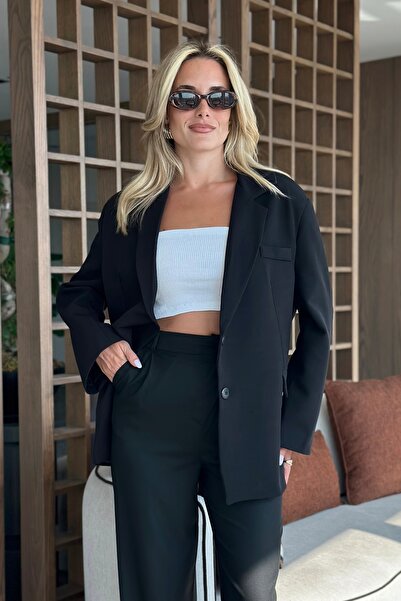 Laluvia Black Fabric Trousers with Cross Button Detail on the Front - 3442