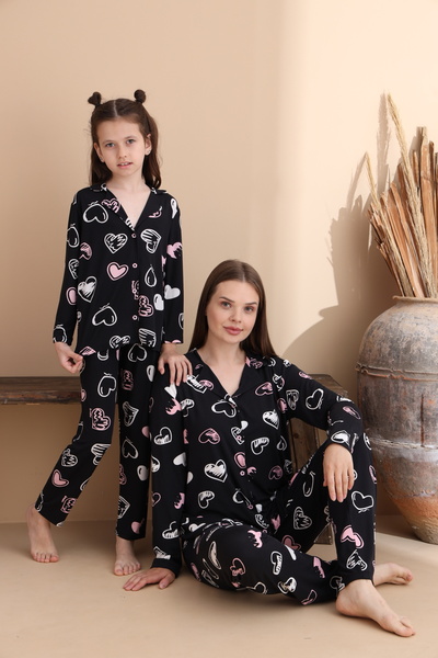 ELİTOL Kalp Desen Milan Örme Uzun Kol Anne-Kız Düğmeli Pijama Takımı