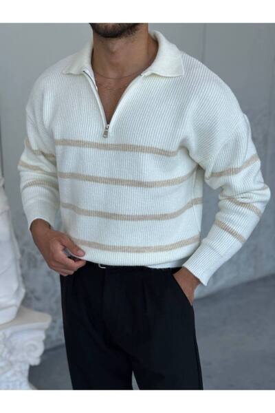 OKSHEN Men's Striped Zippered Knit Sweater