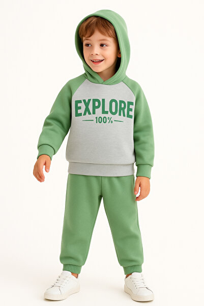 AHENGİM Boy's Explore Printed 3 Thread Thick Winter Bottom and Top Set Ak13539