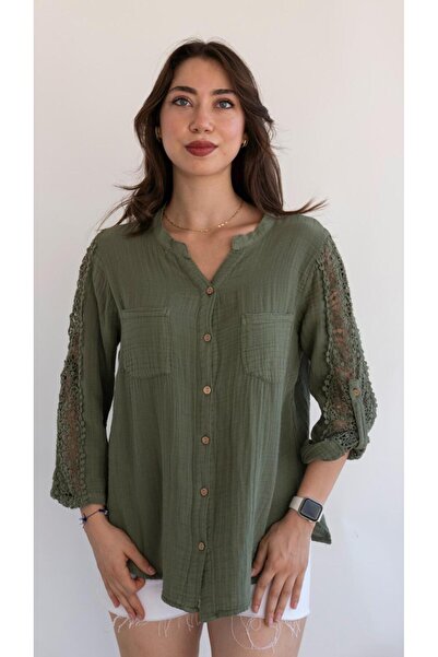 QYA Clothing Πουκάμισο μουσελίνας με λεπτομέρεια από δαντέλα από αυθεντικό βαμβάκι