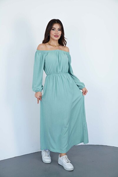 KAŞİHA Kayik Yaka Beli̇ Lasti̇kli̇ Bürümcük Kumaş Kadin Elbi̇se