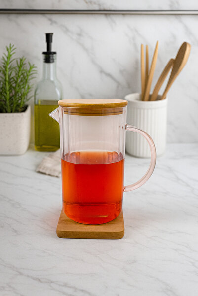 Çavdar Group Borosilikat 1000 ml Bambu Kapaklı Yağlık Line Yağdanlık Sürahi