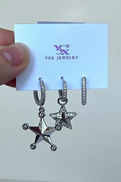 TAKIŞTIR Gümüş Renk Yıldız Figürlü Taş Detaylı 6'lı YSX Küpe Set