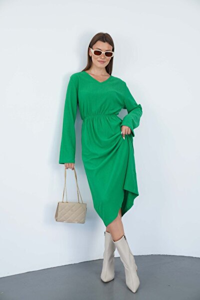 KAŞİHA فستان نسائي بياقة على شكل V وخصر مطاطي من قماش بوروميك