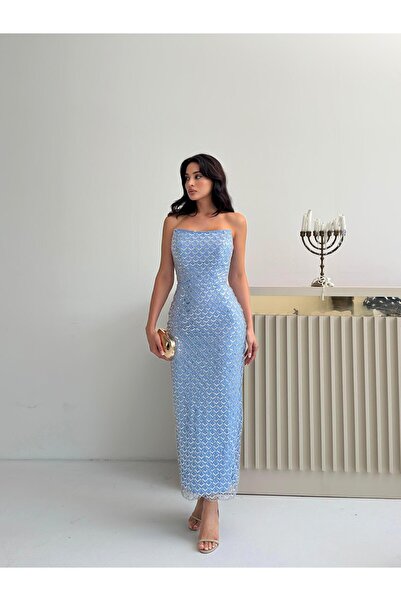 Serica Moda Bebe Mavi Straplez Boncuk İşlemeli Mdii Abiye Elbise