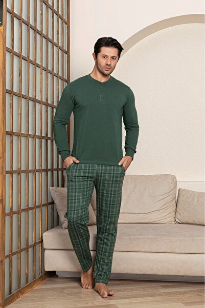 bie's Erkek 3 Düğmeli Ekose Desen Pamuk Likra Mevsimlik Uzun Kol Manşetli Cepli Pijama Takımı