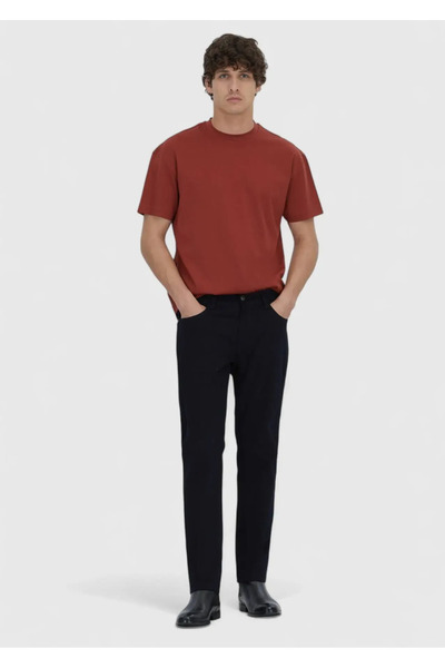 Ramsey Navy Blue Plain Woven Slim Fit Casual Cotton Blended Trousers