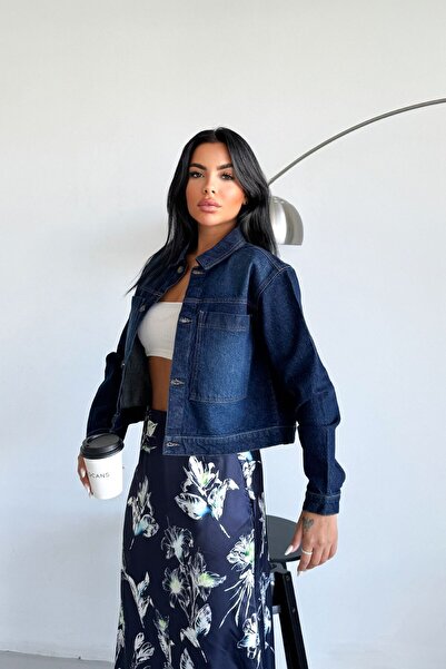 HLT JEANS Kadın Koyu Mavi Jean Denim Regular Kalıp Cepli Düğmeli Kot Ceket DİANA-5003