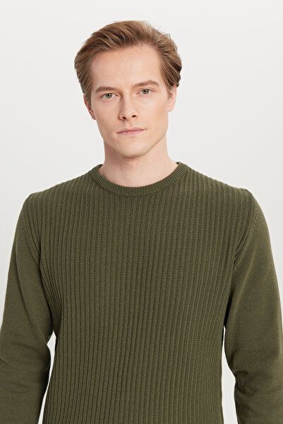 AC&Co / Altınyıldız Classics Men's Khaki Cotton Standard Fit Regular Cut Crew Neck Jacquard Knitwear Sweater