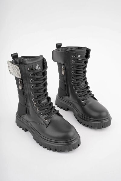 Ludiva Kız Çocuk Cilt Paraşüt Taş Detaylı Cırtlı Fermuarlı Kaymaz Taban Postal Bot Siyah-Füme