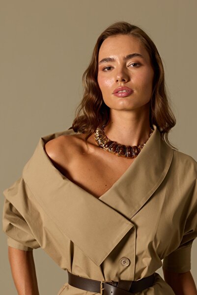 NOK İSTANBUL Lady Di Iconic 100% Cotton Shirt Bronze Brown