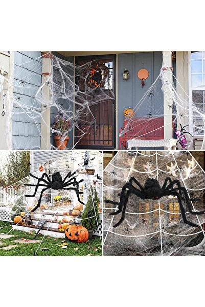 Hotsan Halloween spider web and 52 spiders set, plastic/textile, black/white