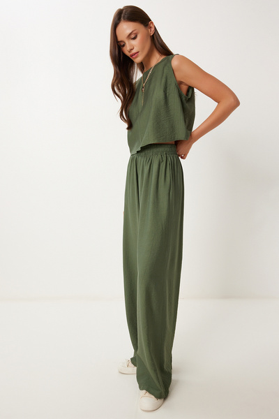 Lovelyİstanbul طقم بلوزة وبنطلون بتفاصيل ربط LRV0104 كاكي داكن