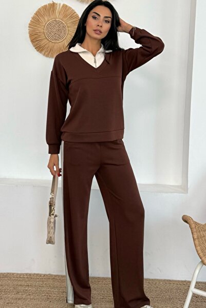 Ded COLLECTION Women's Zippered White Turtleneck Detailed Stripe Detailed Sweatshirt Bottom Modal Set