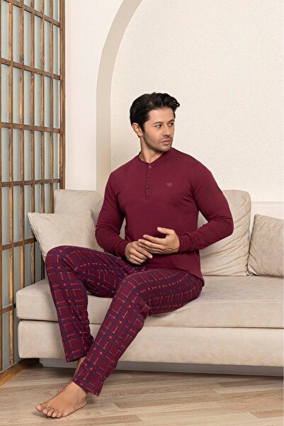GUAVA+ Ανδρικό σετ πιτζάμες με μακρυμάνικο βαμβακερό λύκρα με καρό σχέδιο με ελαφρύ κουμπιά με μανσέτες και τσέπες