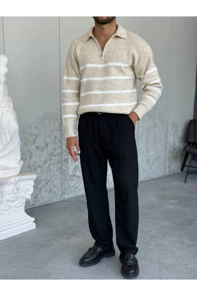 OKSHEN Men's Striped Zippered Knit Sweater