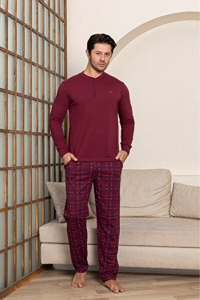 GUAVA+ Ανδρικό σετ πιτζάμες με μακρυμάνικο βαμβακερό λύκρα με καρό σχέδιο με ελαφρύ κουμπιά με μανσέτες και τσέπες