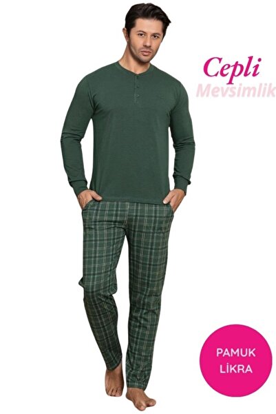 bie's Erkek 3 Düğmeli Ekose Desen Pamuk Likra Mevsimlik Uzun Kol Manşetli Cepli Pijama Takımı