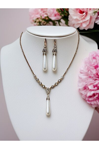 FAYRA ACCESSORIES Zirkon Taşlı Su Yolu Zincirli Uzun Su Damlası İnci Kolye ve Küpe Seti