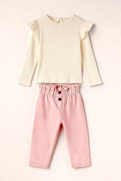 babymoon kids Girl's Ruffled Sleeves Velvet Pants 2-Piece Pink White Set