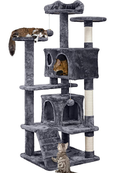 Smart Vibe Mr.Huggo® Multi Level Tree Cat Playset with 2 Houses, 3 Platforms, Grey