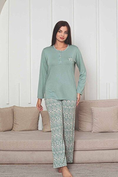 ALİMER Set de pijamale pentru femei cu modele etnice - țesătură lycra cu mâneci lungi cu broderie verde 2878UY