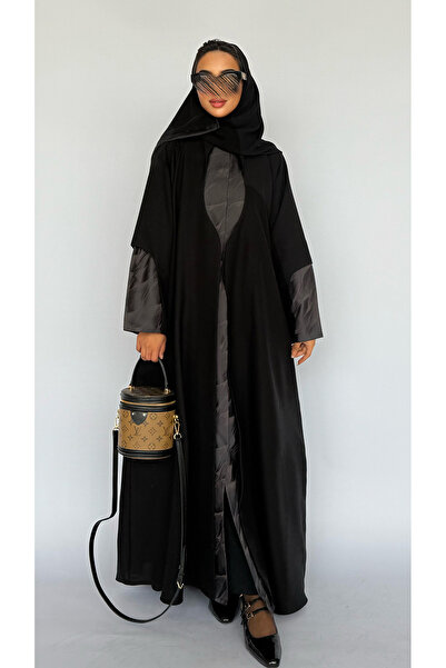 outline Black wavy quarter-cloche abaya with a summer brown jacquard piece
