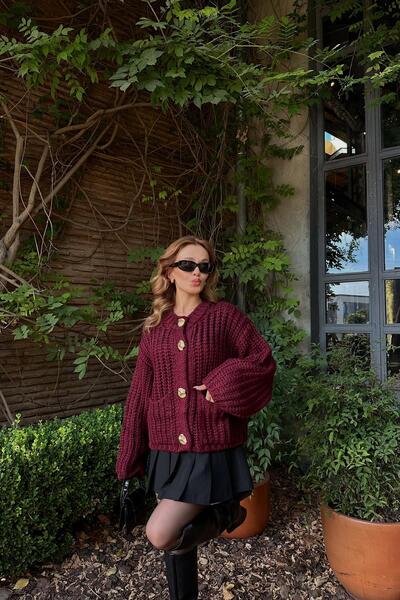 mylove Gold Buttoned Knitted Cardigan Burgundy