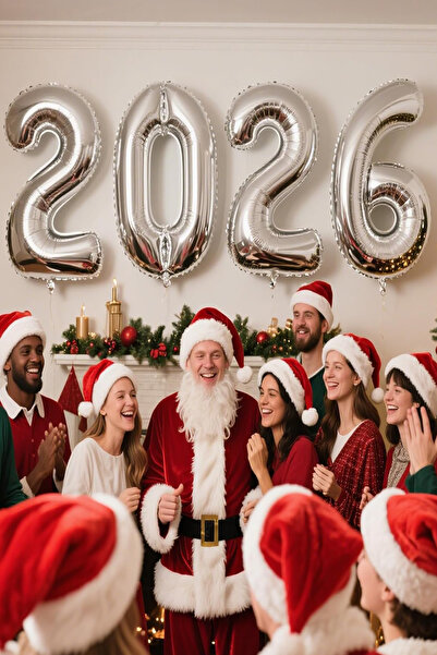 Parti dolabı 2026 Yılbaşı Balonu 100 Cm Gümüş Silver Büyük Boy Folyo Rakam Balon Seti Yeni Yıl Dekoratif Süsler