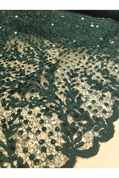 Safir Kumaş Abiyelik Pul İşlemeli Işıl Işıl Koyu Yeşil Dantel 3 Metre