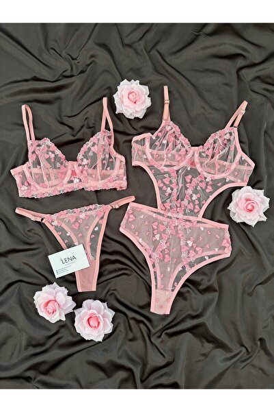 Lena Homewears Kadın Pembe Kalp Sütyen & Bodysuit İç Çamaşır Seti