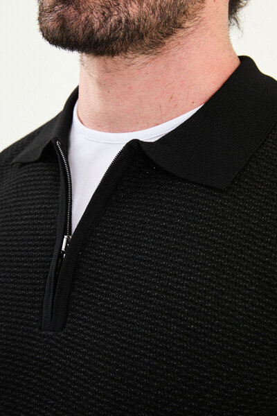 Mcr Textured Slim Fit Zippered Polo Neck Men's Knitwear Sweater Black - 11567.25K