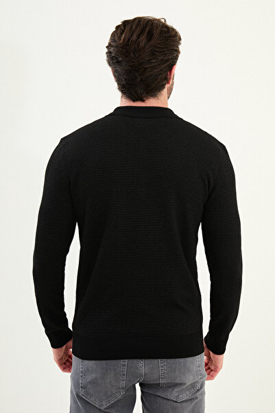 Mcr Ανδρικό πλεκτό πουλόβερ με φερμουάρ με λεπτή εφαρμογή με λαιμόκοψη πόλο μαύρο - 11567.25K