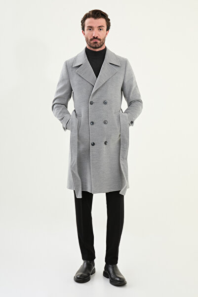 Mcr Straight Slim Fit Wide Collar Belted Double Breasted Cashmere Long Men's Coat Gray - 21303.24K