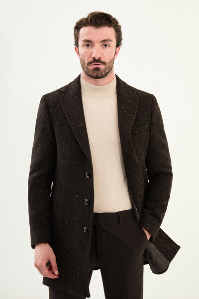 Mcr Kırçıllı Slim Fit Wide Collar Wool Men's Coat Brown - 21334.25K