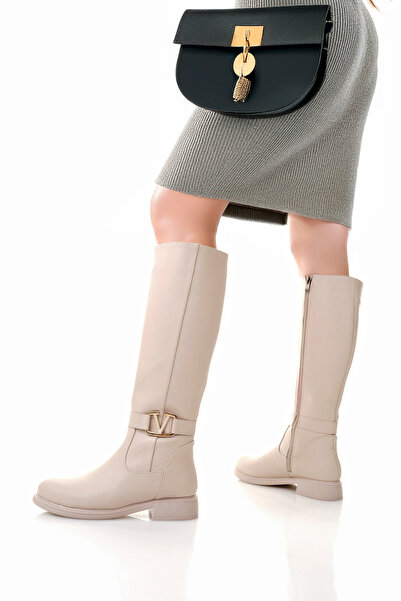 moda sara Bej V Toka Detaylı Kısa topuklu Kadın Çizme