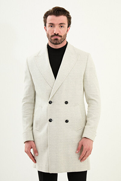 Mcr Patterned Slim Fit Wide Collar Double Breasted Wool Men's Coat Ecru - 21321.25K
