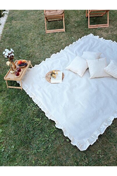 NURGİTA HOME %100 Pamuk Ham Keten Fırfırlı Yer Masa Piknik Örtüsü Sofra Bezi (160 X 220) , 4 Minder (40 X 40) Set