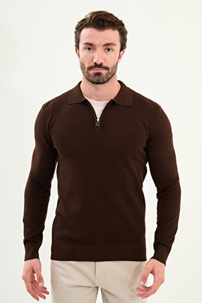 Mcr Textured Slim Fit Zippered Polo Neck Men's Knitwear Sweater Brown - 11567.25K
