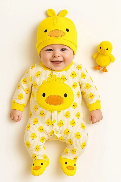 DEFNE LİNA BABY Baby Girl Boy Chick Jumpsuit 2 Pieces with Hat Not Include Toy Set of 2 Suits Cotton