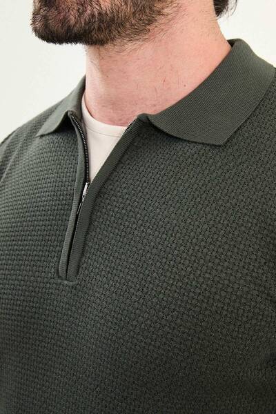 Mcr Textured Slim Fit Zippered Polo Neck Men's Knitwear Sweater Khaki - 11567.25K