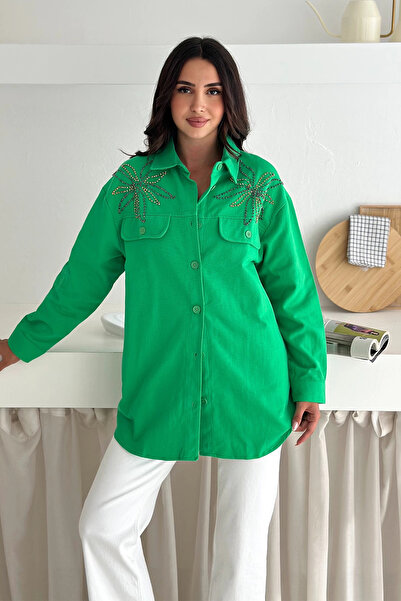 AsprinFashion Риза с каменни детайли, зелена