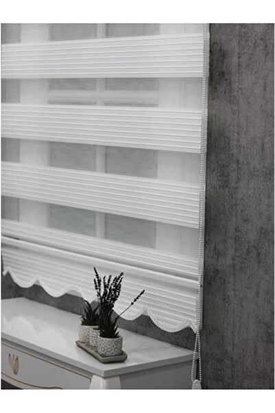 Nursu Perde Beyaz Geniş Plise Etek Dilimli Zebra Stor Güneşlik Perde